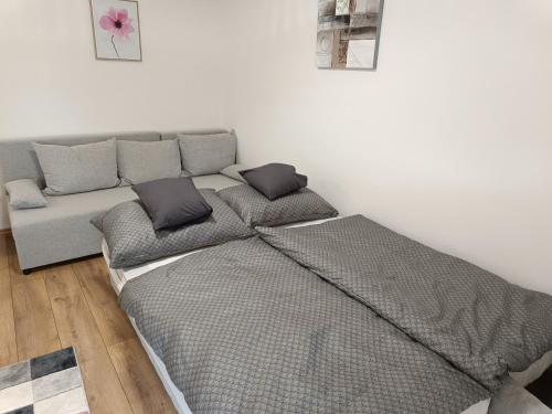 "ハルカーニャ"にあるHarka Central Apartmanのベッド1台とソファ1台が備わります。