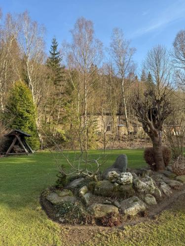 a garden with a statue in the grass at Domek u Dandy in Ludvíkov