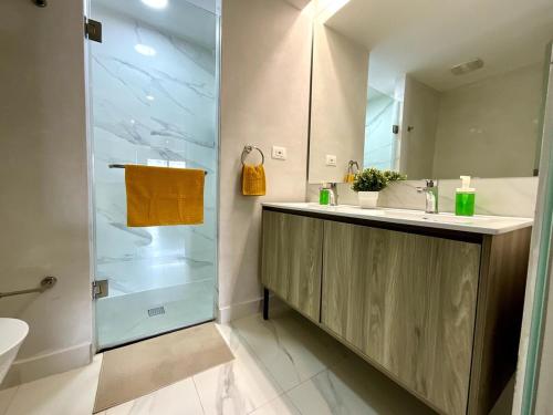 a bathroom with a shower and a sink and a mirror at Comfortable Central Apartment in Santo Domingo