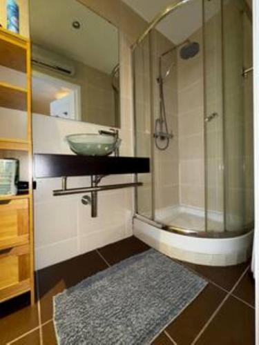 une salle de bain avec un lavabo et une douche en verre dans l'établissement Chez Cyril et Angelique, à Cauterets