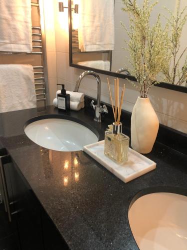 La salle de bains est pourvue d'un lavabo et d'un vase fleuri. dans l'établissement Le confort et l'élégance à deux pas de Paris, à Cachan