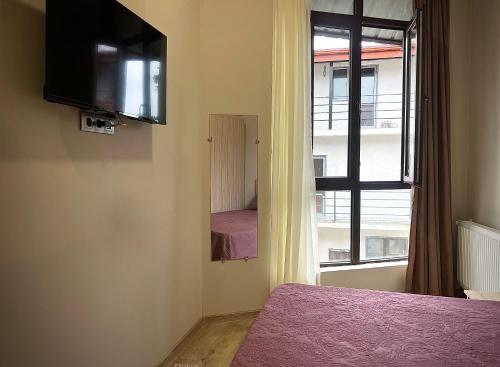 a bedroom with a bed and a tv and a window at Eniseli in Chakvi