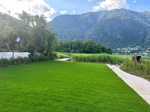 a large green lawn with mountains in the background at Camp O Lake Haus am See in Villach