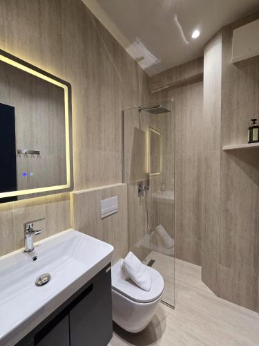 a bathroom with a toilet and a sink and a shower at SOLs Center Rooms in Tirana