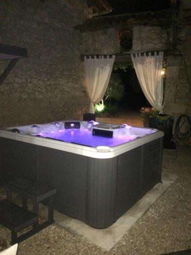 a jacuzzi tub in a backyard at night at Gite L'ENTRE DEUX in Doumen
