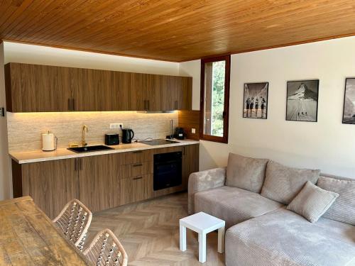 un salon avec un canapé et une table dans l'établissement T3 appart 50 metres des pistes, à La Salle Les Alpes