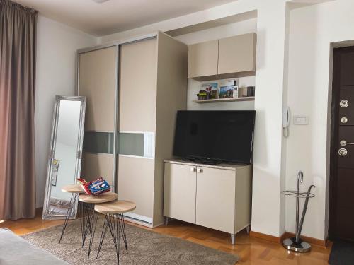 a living room with a tv and a bedroom at Apartmani TEO in Prokuplje