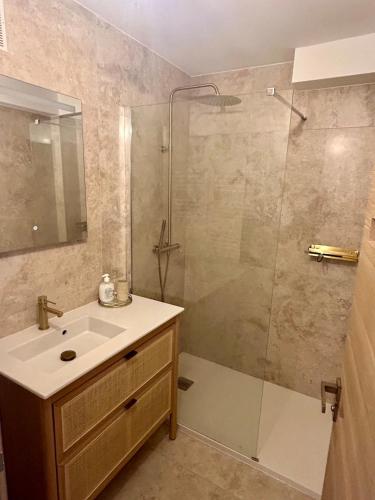 une salle de bain avec un lavabo et une douche dans l'établissement T3 appart 50 metres des pistes, à La Salle Les Alpes