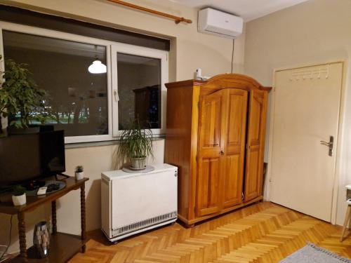 弗尔尼亚奇卡矿泉镇Apartmani Central Vrnjačka Banja Šetalište的一间带电视和木柜的客厅