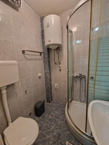 a bathroom with a toilet and a shower and a sink at Apartmani Central Vrnjačka Banja Šetalište in Vrnjačka Banja