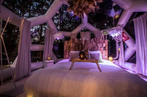 une chambre violette avec un lit et une table dans l'établissement Le Dôme, séjour sous les étoiles au bord du lac, à Prouilly