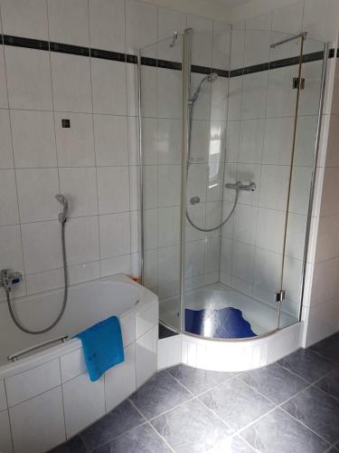 a bathroom with a shower and a tub and a shower at Ferienwohnung Schamne in Wutöschingen