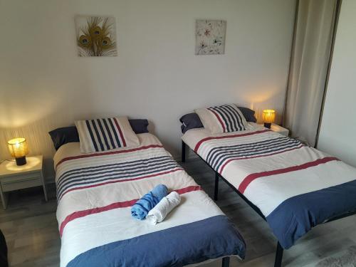 two twin beds in a room with two lamps at Maison standing vacances professionnel in Givet