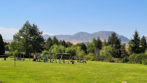 a park with a swing set in the grass at Cosy log cabin in Snowdonia 19 in Trawsfynydd