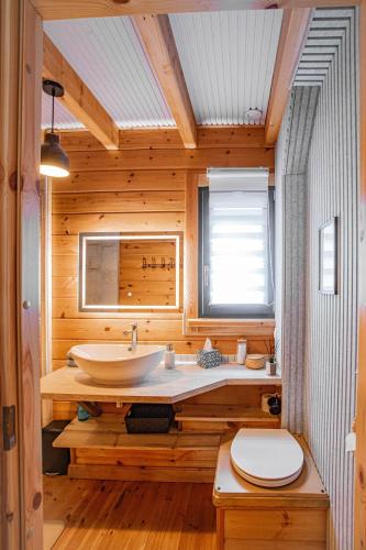 La salle de bains en bois est pourvue d'un lavabo et de toilettes. dans l'établissement Ambiance Bois & Charme Proche Lyon, à Saint-Genis-les-Ollières