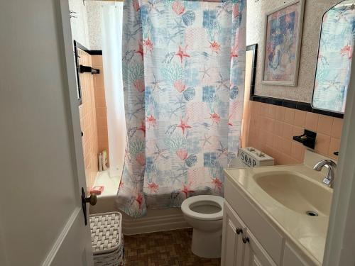 a bathroom with a toilet and a shower curtain at Two-Bedroom Wildwood Crest Condo in Wildwood Crest