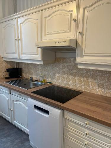 une cuisine avec des armoires blanches et un évier dans l'établissement Grand appartement avec terrasse - A 5 min de la Cathédrale, à Bourges