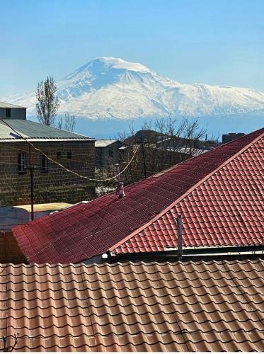 a row of roofs with a snow covered mountain in the background at Kesabella Touristic House in Yerevan