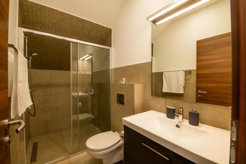 a bathroom with a toilet and a sink and a shower at Anna Vendégház in Visegrád