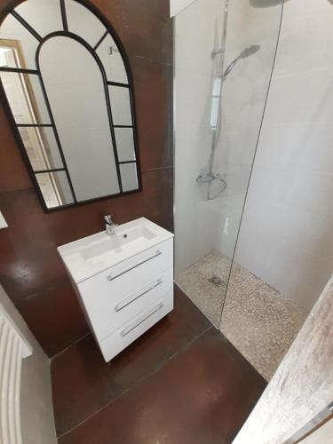 une salle de bain avec un lavabo blanc et un miroir dans l'établissement Le studio D'auguste- Cœur de Nîmes-chaleureux-emplacement idéal, à Nîmes