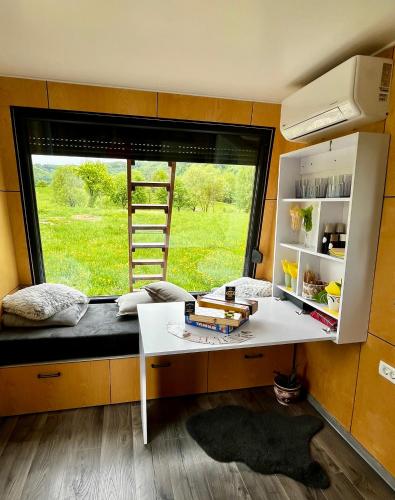 a small room with a desk and a window at Tiny Bran in Bran