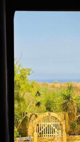 a view from a window of a garden with a gate at See You Mystic Flowers & Pool in Għarb