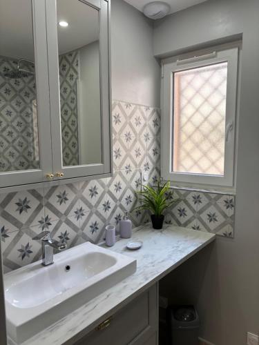 une salle de bain avec un lavabo et un miroir dans l'établissement Superbe Appartement rénové à 150 mètres de la plage de Fréjus, à Fréjus