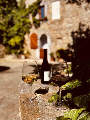 two glasses of white wine and a bottle of wine at La Nine in Aigne