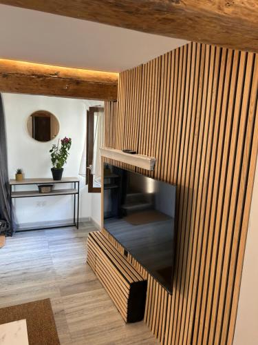 Elle comprend un salon doté d'une cheminée et d'un mur en bois. dans l'établissement Appartement avec jacuzzi, à Sisteron