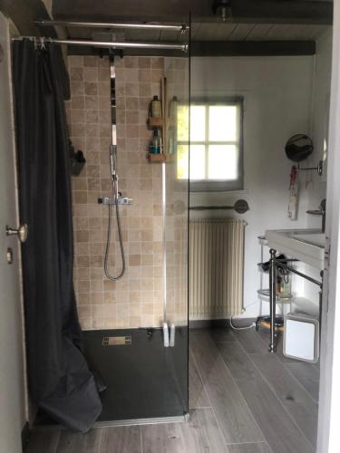 une douche avec une porte vitrée dans une salle de bain dans l'établissement Maison Juliette, à Auzouville-sur-Saâne