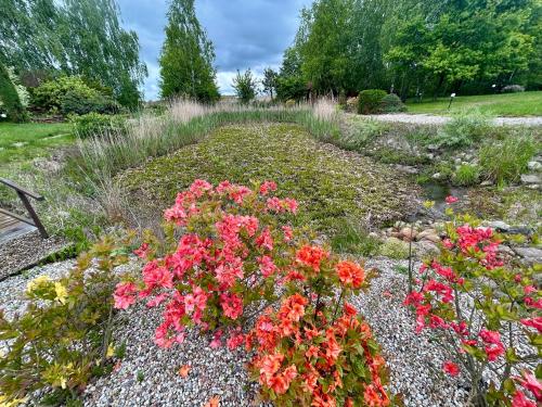a garden with red flowers on the rocks at Villa Otolice obok Łowicza, 6 sypialni, basen, sauna, snooker, 50 minut od Warszawy i Łodzi in Łowicz