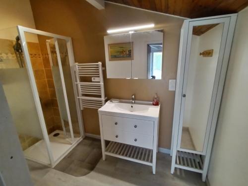 a bathroom with a white sink and a mirror at Studio proche des thermes, des barthes, des plages et de Dax ! in Saubusse