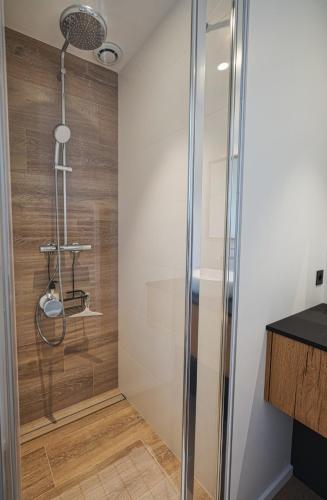 une douche avec une porte vitrée dans une salle de bain dans l'établissement COUP DE COEUR - Superbe T2 rénové vue mer 4 pers, à La Baule