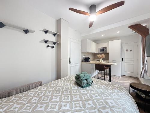 une chambre avec un lit et un ventilateur de plafond dans l'établissement Le Petit Nizier, Cathedrale, à Troyes