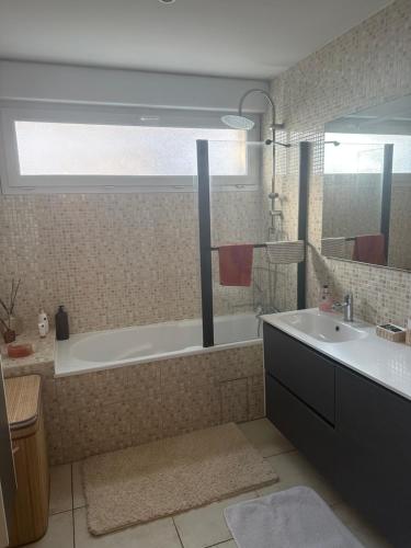 une salle de bain avec une baignoire et un lavabo dans l'établissement Un havre de verdure en ville, à Colmar