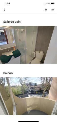 deux photos d'une pièce avec des toilettes et une fenêtre dans l'établissement Appartement Toulouse Crampel, à Toulouse