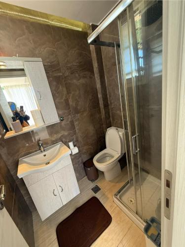 a bathroom with a shower and a sink and a toilet at Villa Evita , penthouse, 53m2 ,Athytos , astonishing sea view in Afitos