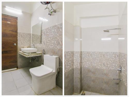 two pictures of a bathroom with a toilet and a sink at Hotel O Unique Delhi Home Stay in New Delhi