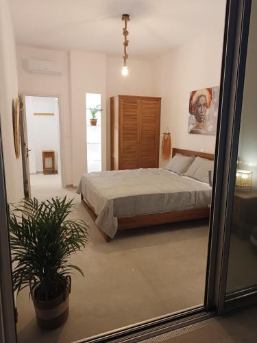 a bedroom with a bed and a potted plant at Blue Aura Beach villa Larnaca in Pervolia
