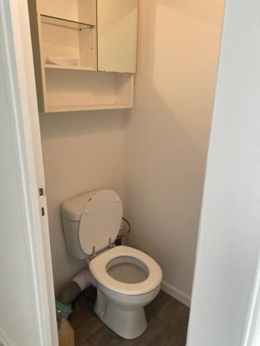 Elle comprend une petite salle de bains pourvue de toilettes et d'une armoire. dans l'établissement Location 24h du Mans, au Mans