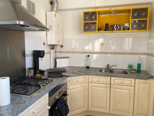 une cuisine avec un évier et une cuisinière four supérieur dans l'établissement Location 24h du Mans, au Mans