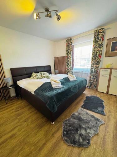 a bedroom with a large bed and a window at Garden suite with sauna in Wiesbaum