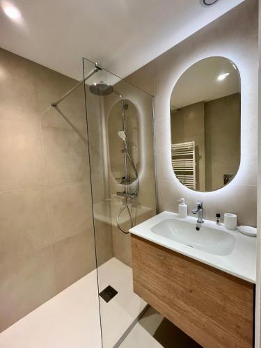 une salle de bain avec un lavabo et un miroir dans l'établissement Marina Baie studio vue mer et jardin avec clim, à Villeneuve-Loubet
