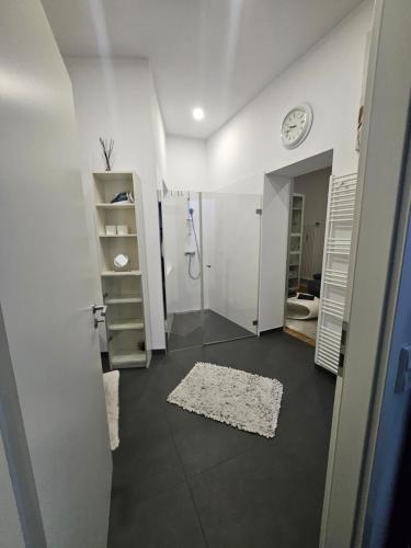 a white bathroom with a shower and a sink at La Petite Blanche in Cologne