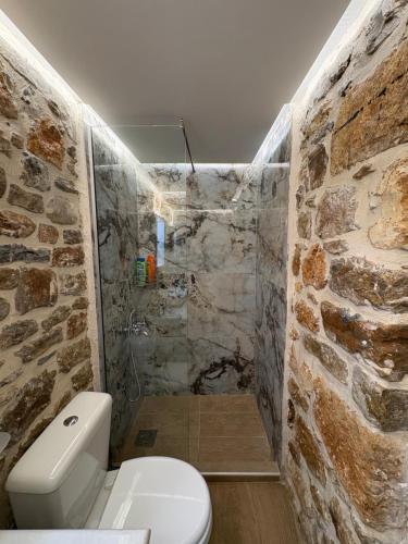 a bathroom with a white toilet and a stone wall at Traditional house Nikos in Roussokhória
