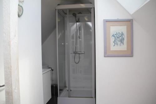 une douche avec une porte vitrée dans une salle de bain dans l'établissement Duplex Romantique à Mastaing, à Mastaing