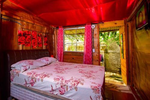a bedroom with a bed with a red ceiling at Mistica Cama e Café in São Thomé das Letras