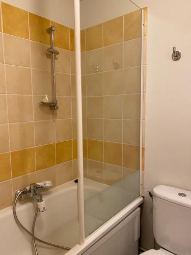 une douche avec une porte vitrée dans une salle de bain dans l'établissement Maison 6 personnes de 40m2, 2 chambres, 1 salon, à Monflanquin