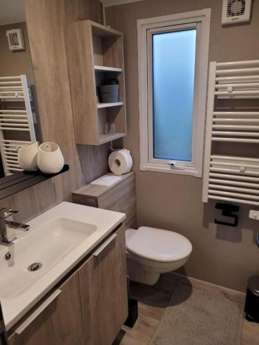 une salle de bain avec toilettes, lavabo et fenêtre dans l'établissement Mobilhome tout confort pour randonneurs, proche Saint-Malo, à 100 m de la plage et du GR34, à Saint-Coulomb