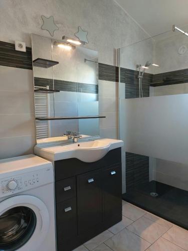 une salle de bain avec un lavabo et une machine à laver dans l'établissement Village de gîtes La Fontinelle, à Bessas